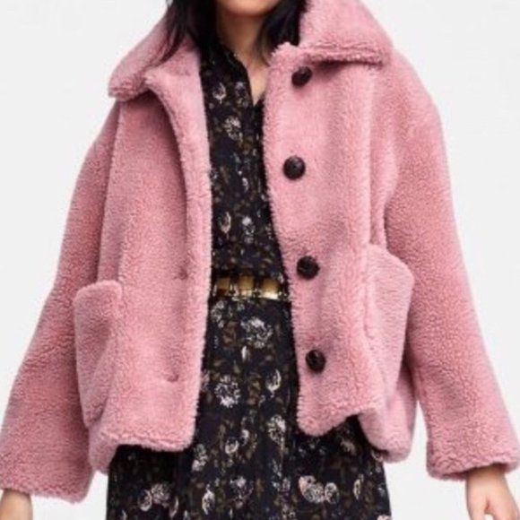 Zara Jackets & Blazers - Zara | Pink Teddy Sherpa Button Down Coat Medium